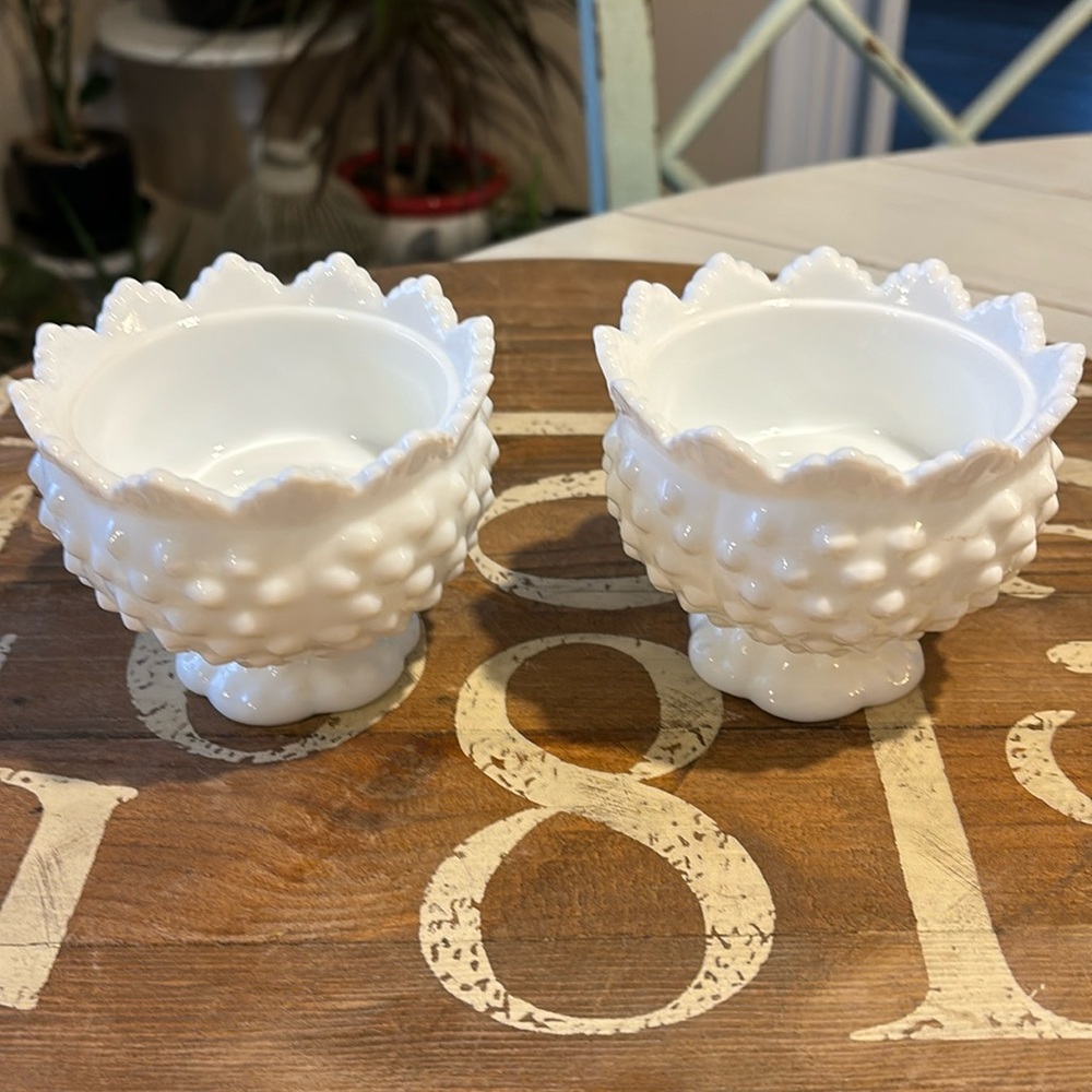 2 Milk Glass hobnail candlestick holders